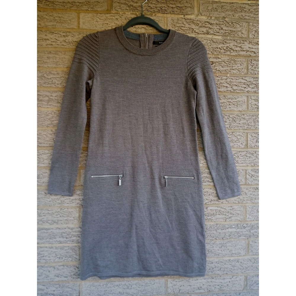 Tahari Merino Wool Long Sleeve Sweater Dress Lt Brown Zipper Accents Size XS